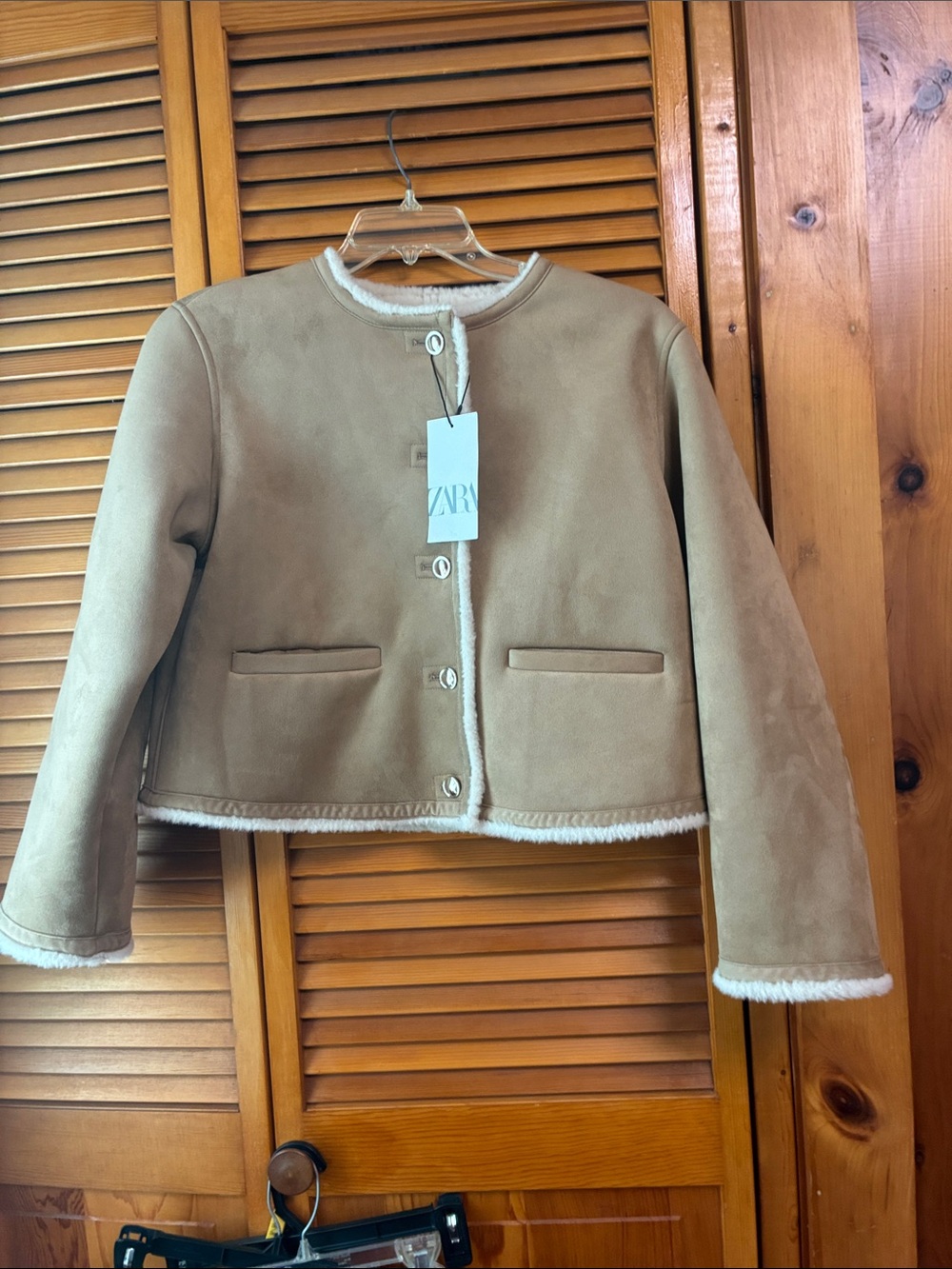 Zara Tan Faux-Suede Shearling Trim Jacket length 20”pit to pit 32”sleeves 22”